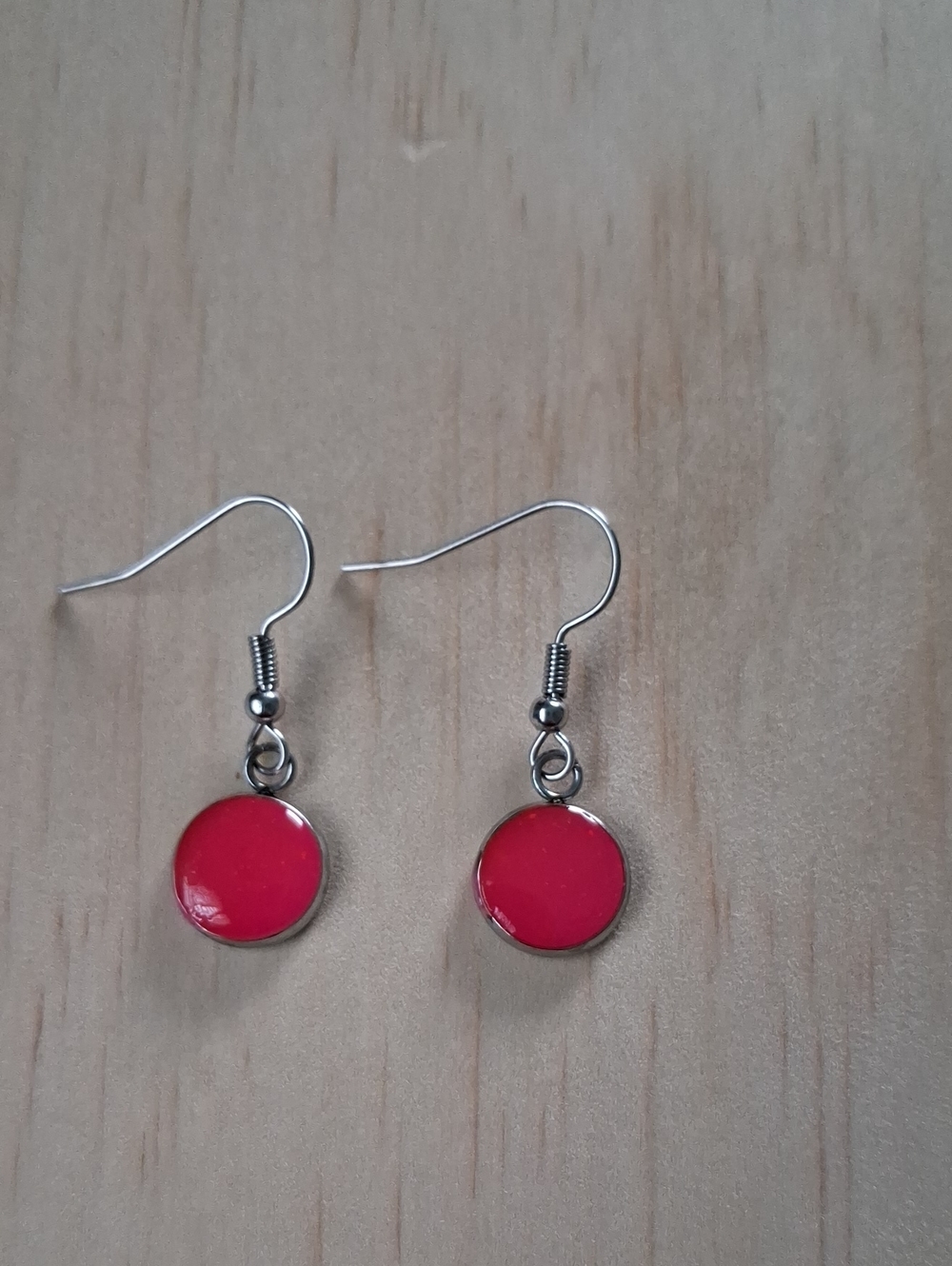 Women's Silver Hook Earrings with Vibrant Red Discs